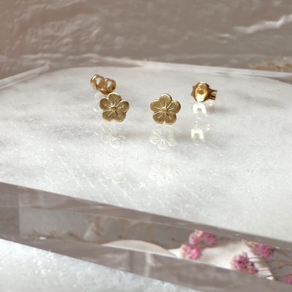 Mini Satin Gold Cherry Blossom Stud Earrings | 14k Gold Plated Sterling Silver